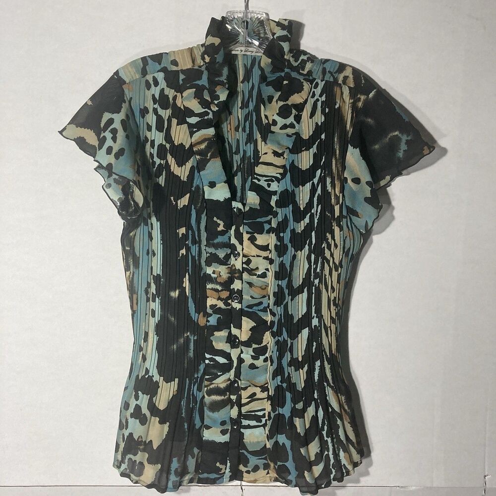 Larry Levine Black Multicolor Animal Print Pleated Semi Sheer Button Up Top L